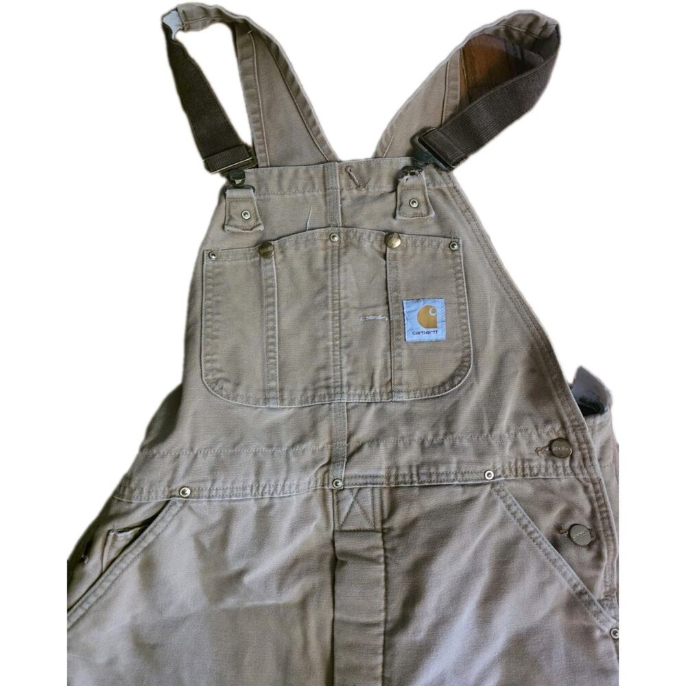 VTG Carhartt Unisex Insulated Duck Canvas Bib Overalls Brown Double Knee 38 X 28